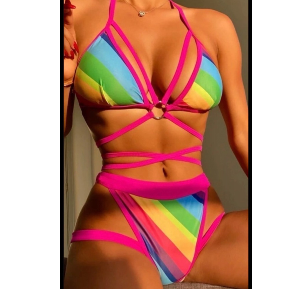 SHEIN Rainbow Striped Garter Bikini Set Womens Large New O-Ring Triangle